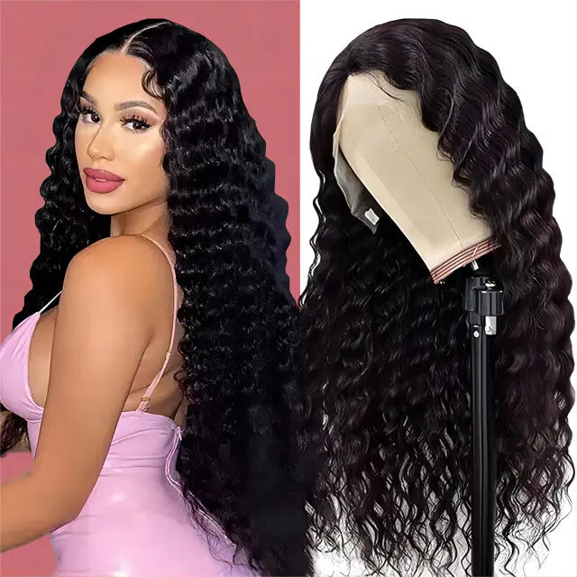 13x4 Full Frontal Natural Black color Virgin 100% Human hair Deep Wave Wig