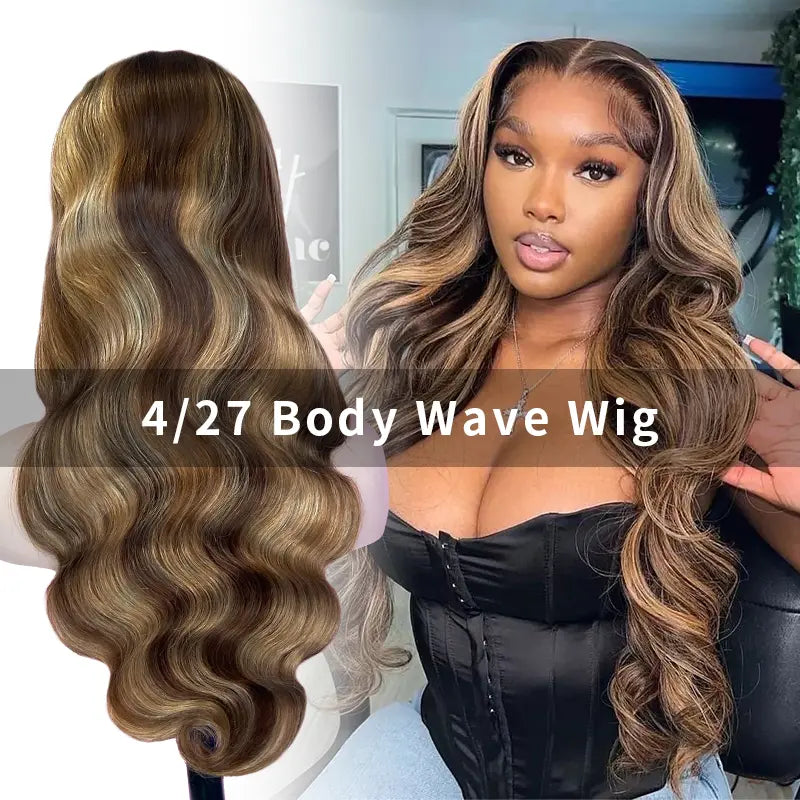13x4 Full Frontal Natural Highlight Color Virgin 100% Human Hair Body Wave Wig