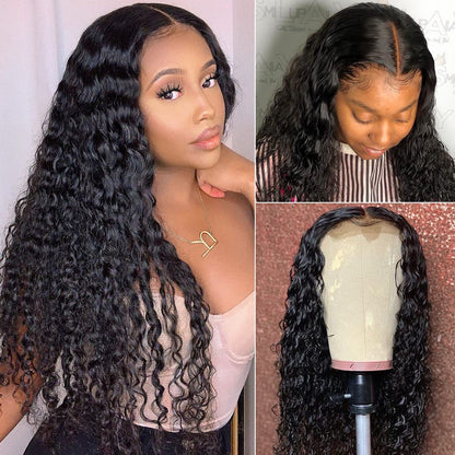 5x5 HD Transparent Lace Closure Deep Wave Natural Balck Color Human Hair Pre plucked Wig