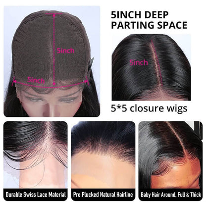 5x5 HD Transparent Lace Closure Deep Wave Natural Balck Color Human Hair Pre plucked Wig