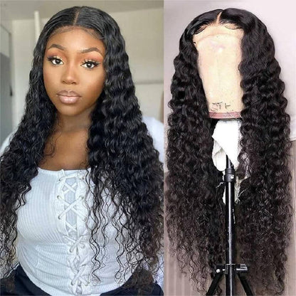 5x5 HD Transparent Lace Closure Deep Wave Natural Balck Color Human Hair Pre plucked Wig