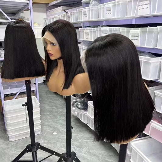 Natural Black Color Straight 13X4 Full Frontal Transparent Lace Bob Wig For Wholesale