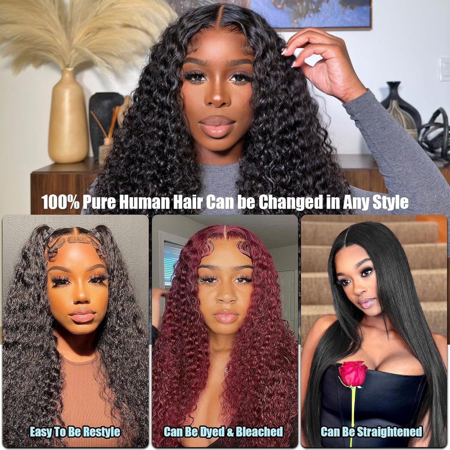 13x4 Full Frontal Natural Black color Virgin 100% Human hair Deep Wave Wig
