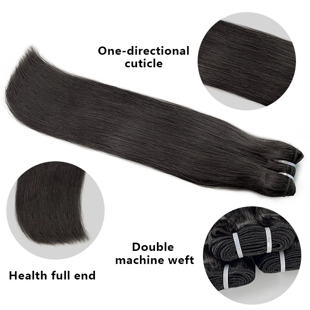 100% human hair straight natural black color double drawn bundles