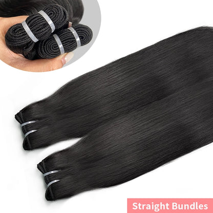 100% human hair straight natural black color double drawn bundles