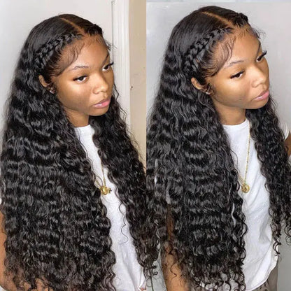5x5 HD Transparent Lace Closure Deep Wave Natural Balck Color Human Hair Pre plucked Wig