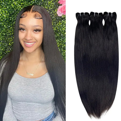100% human hair straight natural black color double drawn bundles